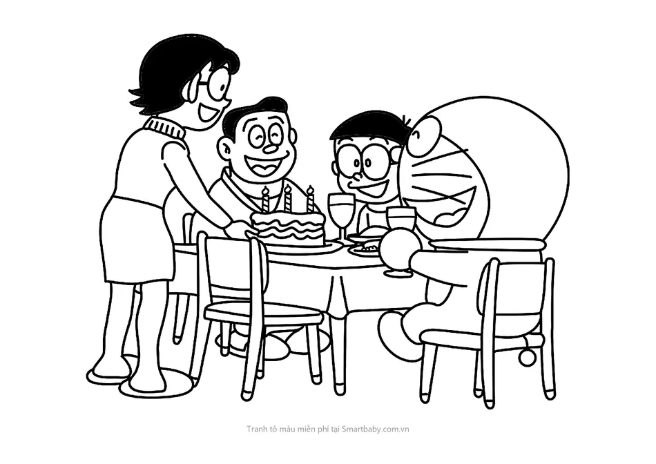 Tranh tô màu Nobita – gia đình Nobita mừng sinh nhật
