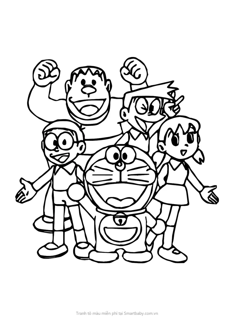 Tranh tô màu Nobita – Chaien, Xeko, Nobita, Xuka, Doraemon nét đậm