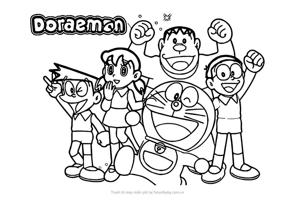 Tranh tô màu Nobita – cả nhóm bạn dưới chữ Doraemon