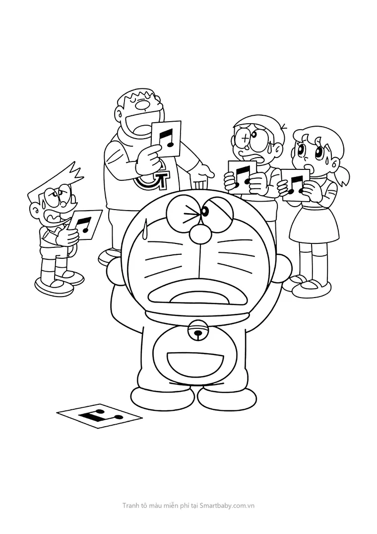 Tranh tô màu Nobita – cả nhóm cầm thẻ nốt nhạc tập hát