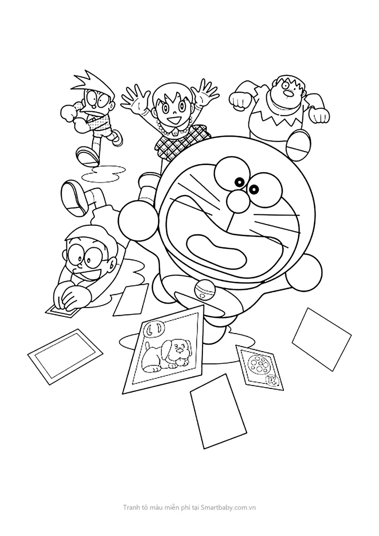 Tranh tô màu Nobita – Doraemon giữa những tấm ảnh rơi, nhóm bạn nhảy