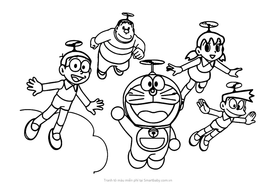 Tranh tô màu Nobita – năm bạn đội chong chóng tre bay lượn