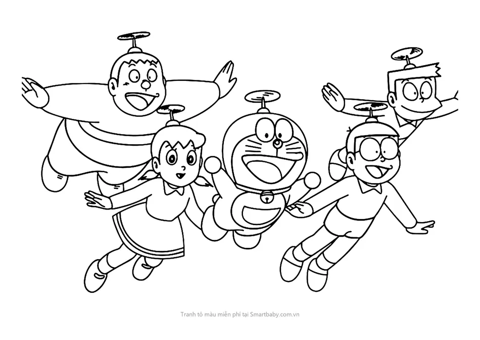 Tranh tô màu Nobita – cả nhóm nắm tay bay thành hàng