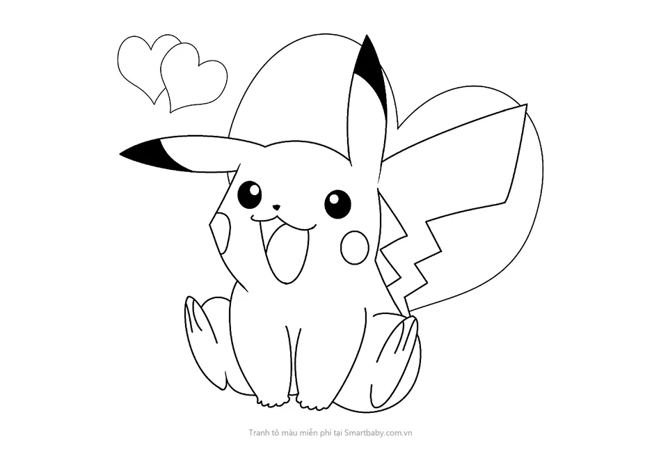 Tranh tô màu Pikachu – Pikachu ngồi bên gối trái tim