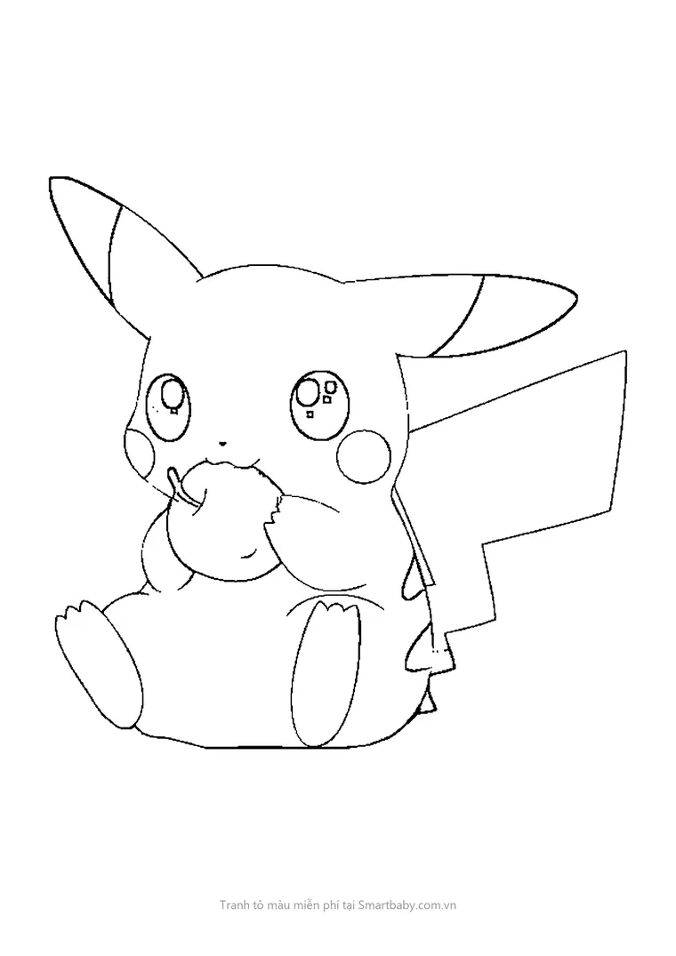 Tranh tô màu Pikachu – Pikachu ôm gặm quả táo