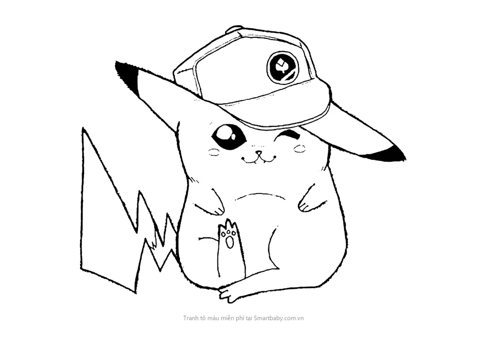 Tranh tô màu Pikachu – Pikachu đội mũ lưỡi trai nháy mắt
