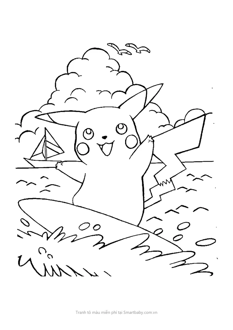 Tranh tô màu Pikachu – Pikachu lướt sóng giữa biển