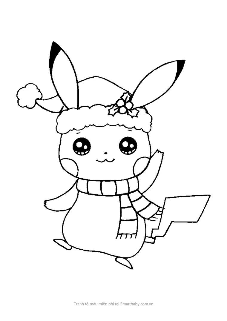 Tranh tô màu Pikachu – Pikachu đội mũ Noel quàng khăn