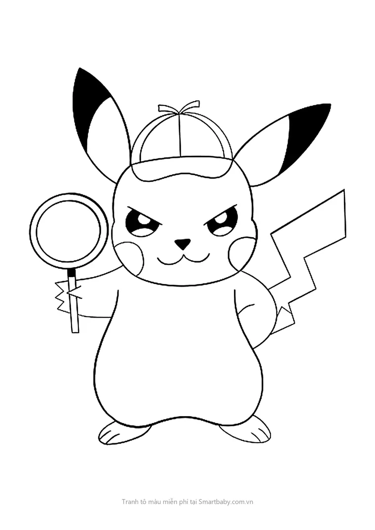 Tranh tô màu Pikachu – thám tử Pikachu cầm kính lúp