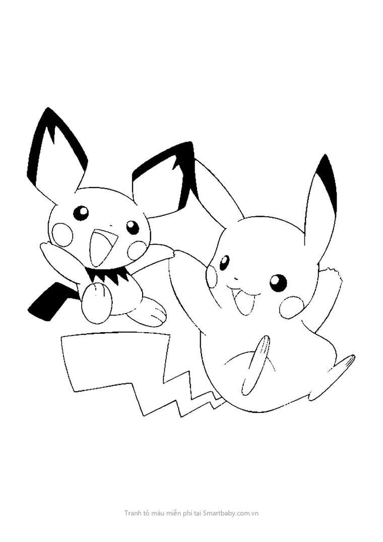 Tranh tô màu Pikachu – Pichu nhảy lên chào bên Pikachu