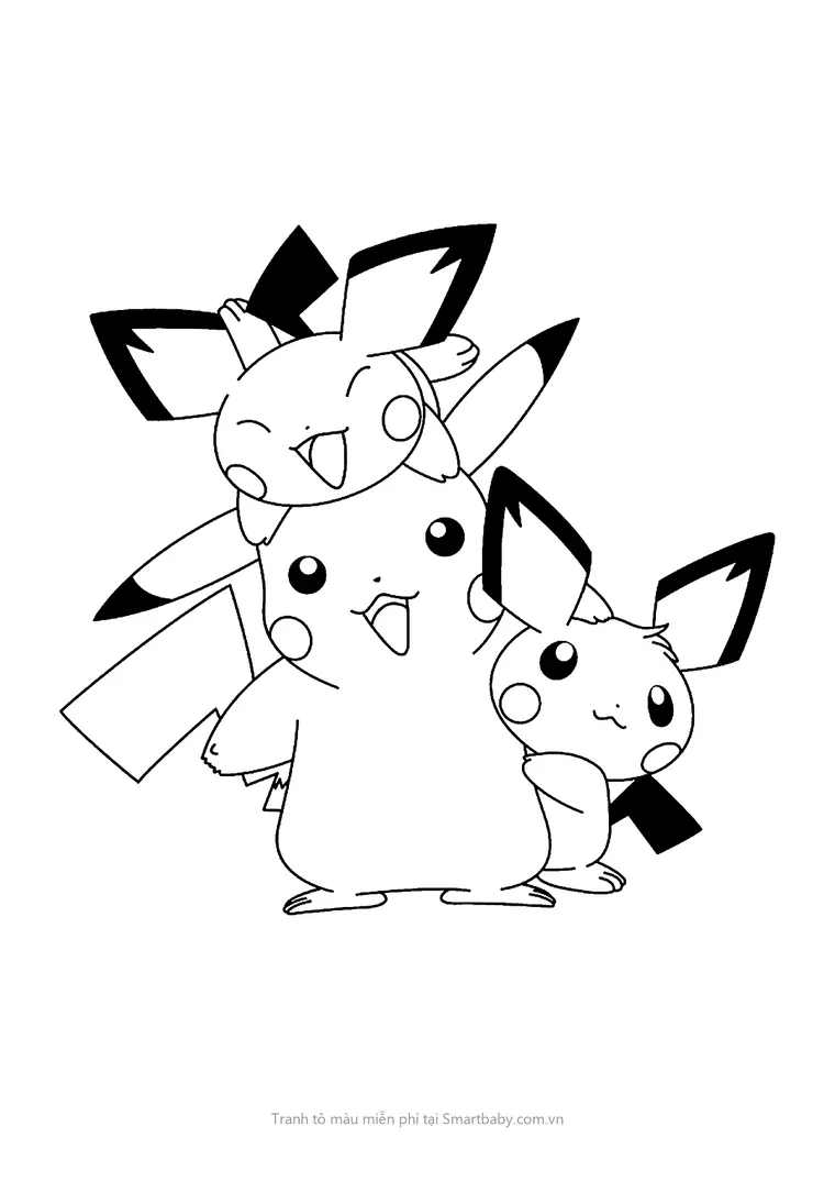 Tranh tô màu Pikachu – Pikachu cõng hai bé Pichu