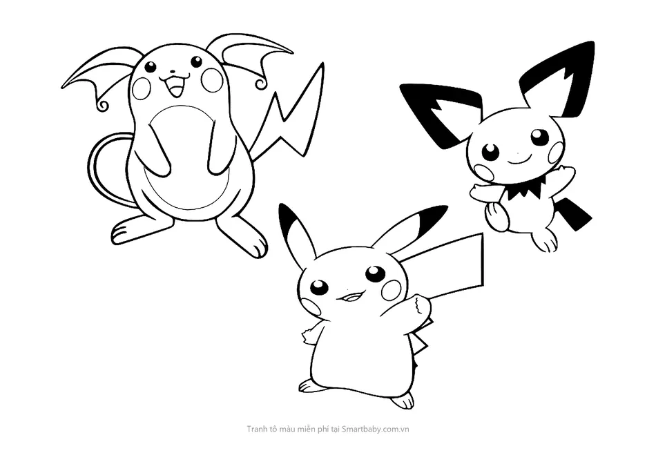 Tranh tô màu Pikachu – Pichu, Pikachu và Raichu