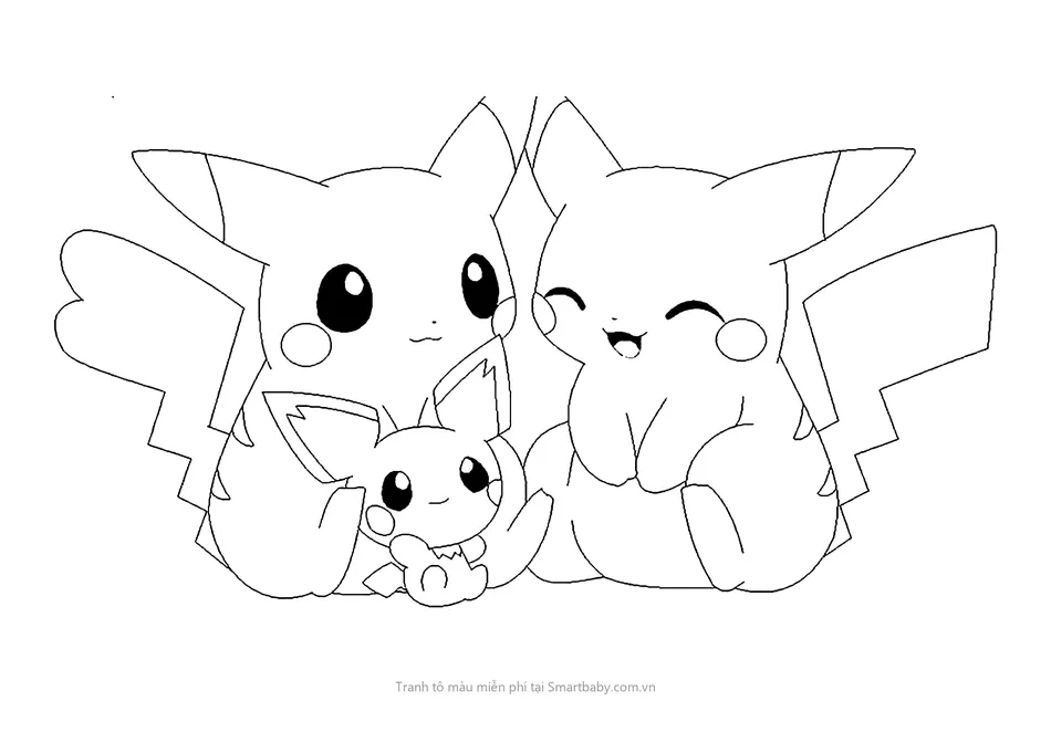 Tranh tô màu Pikachu – hai Pikachu và bé Pichu