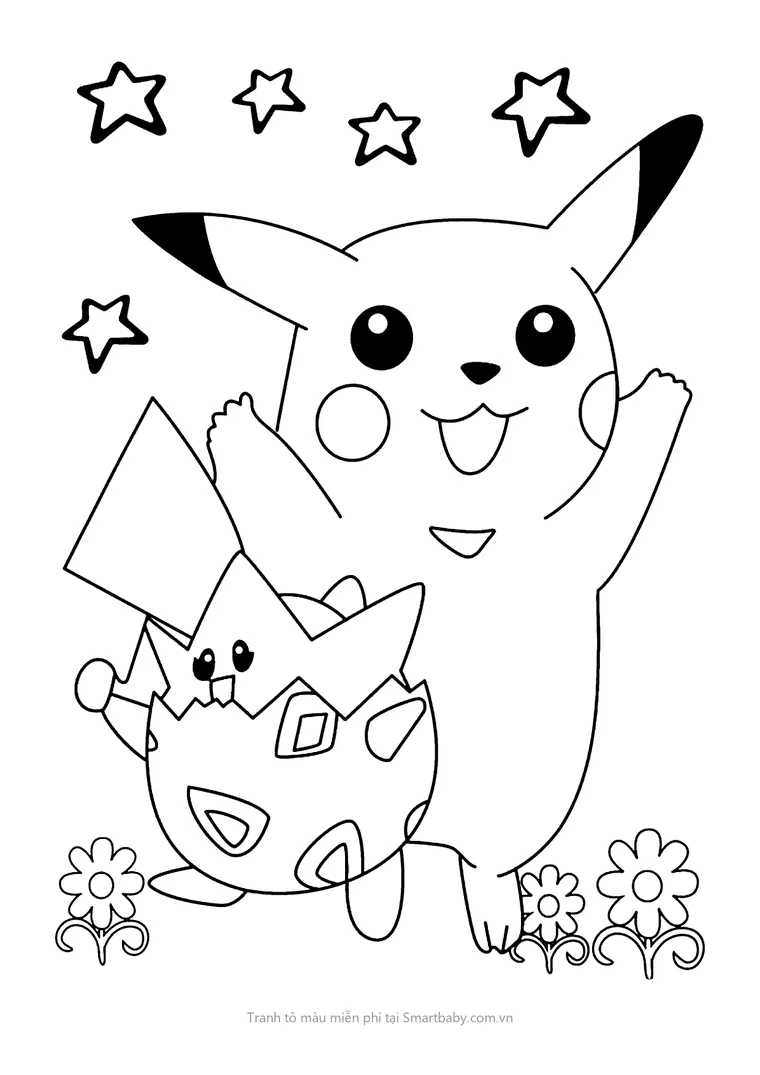 Tranh tô màu Pikachu – Pikachu và Togepi giữa vườn hoa