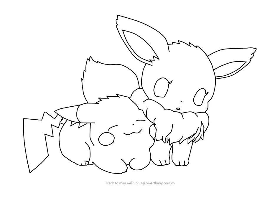 Tranh tô màu Pikachu – Pikachu và Eevee ôm nhau