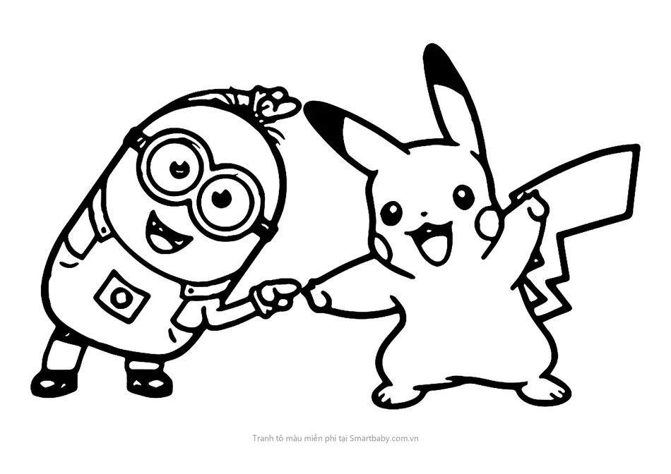 Tranh tô màu Pikachu – Pikachu nắm tay Minion
