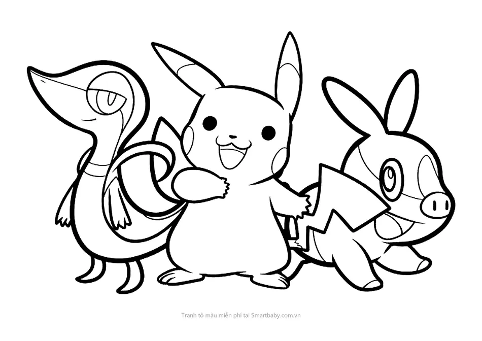 Tranh tô màu Pikachu – Pikachu với Snivy và Tepig
