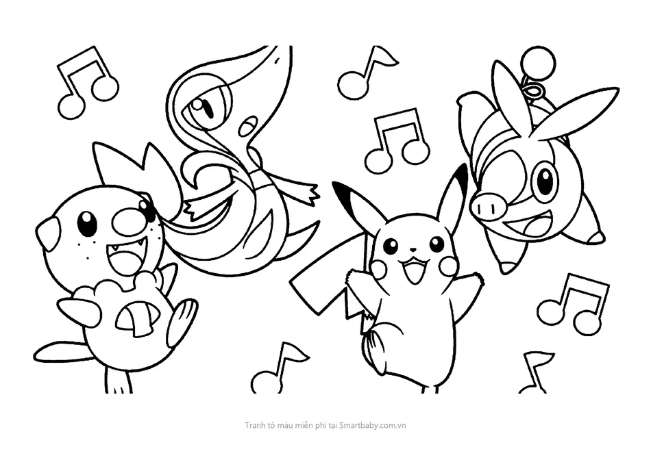 Tranh tô màu Pikachu – Pikachu nhảy múa cùng Oshawott, Snivy, Tepig