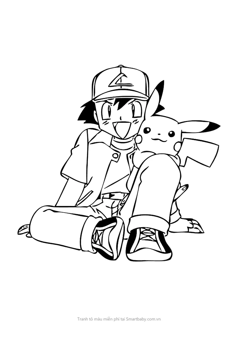 Tranh tô màu Pikachu – Ash ngồi co gối cạnh Pikachu