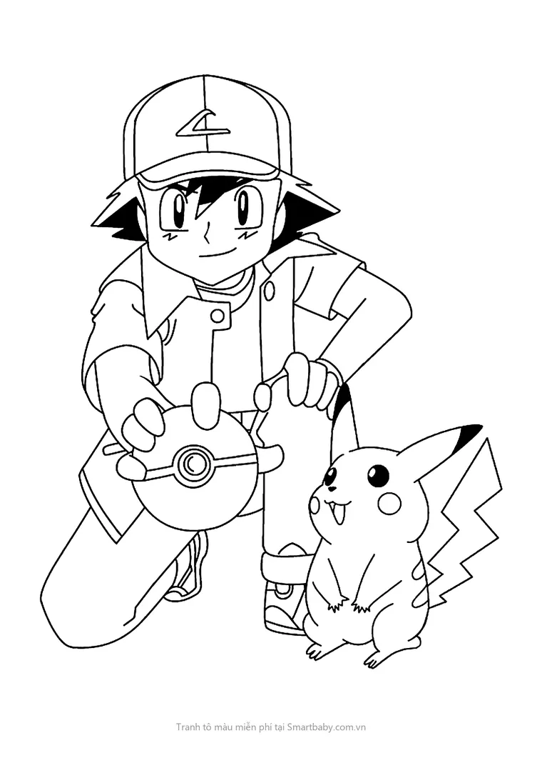Tranh tô màu Pikachu – Ash cầm Poké Ball bên Pikachu