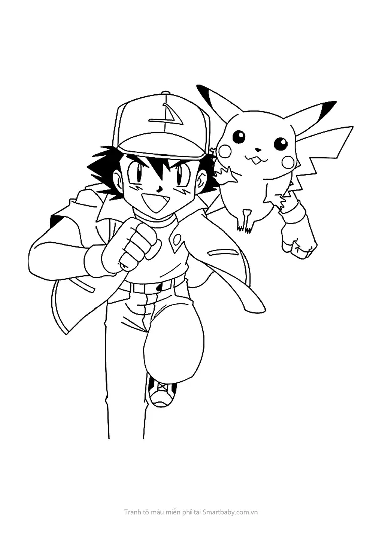 Tranh tô màu Pikachu – Ash chạy cùng Pikachu trên vai