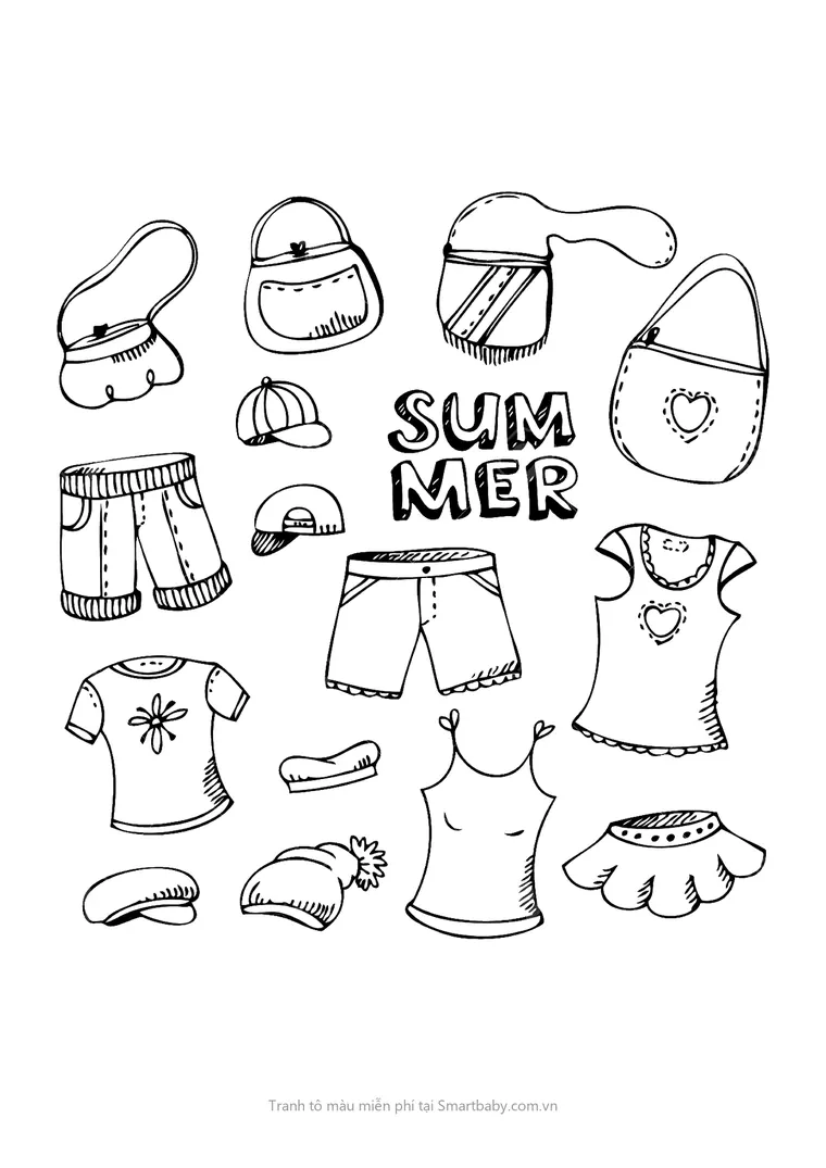 Tranh tô màu quần áo – chữ Summer cùng túi, mũ, áo, quần