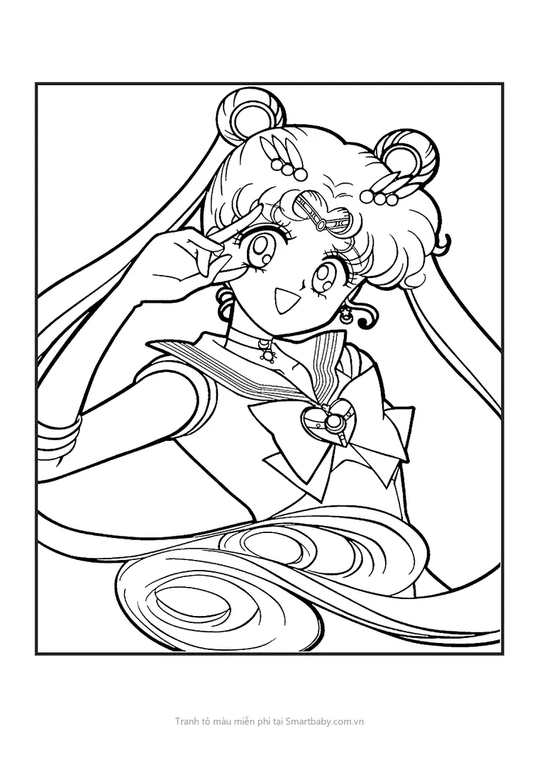 Tranh tô màu Thủy thủ mặt trăng – Super Sailor Moon giơ tay chào trong khung