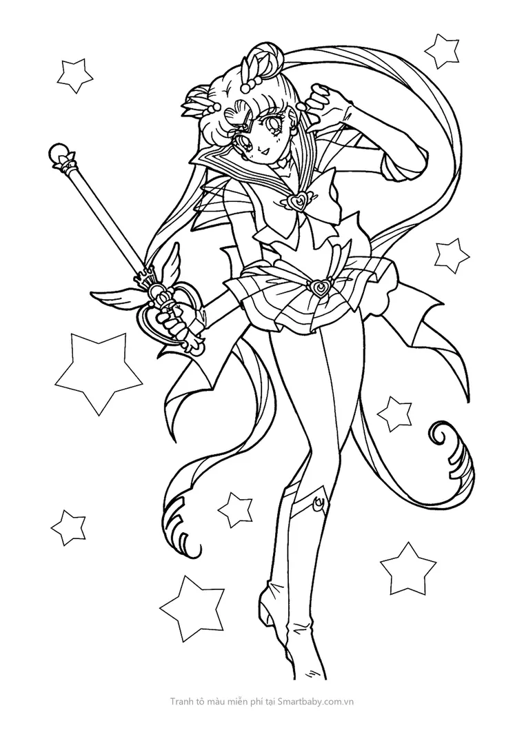Tranh tô màu Thủy thủ mặt trăng – Super Sailor Moon cầm gậy trái tim có cánh