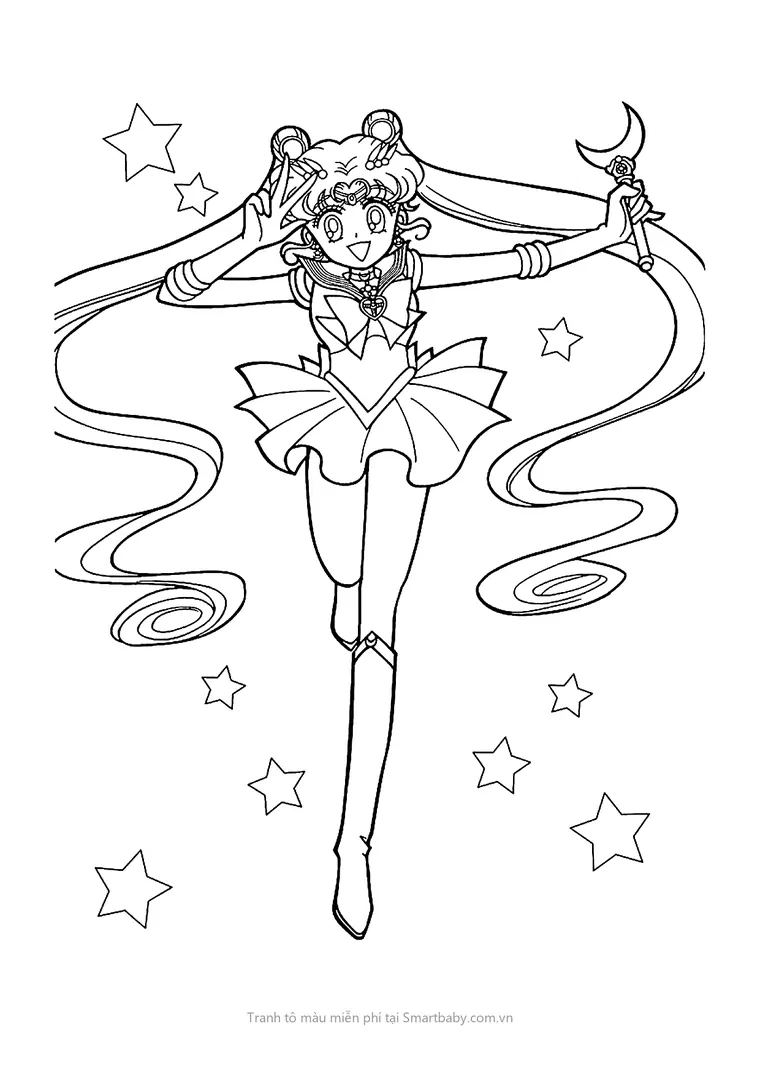 Tranh tô màu Thủy thủ mặt trăng – Sailor Moon dang tay cầm gậy trăng khuyết