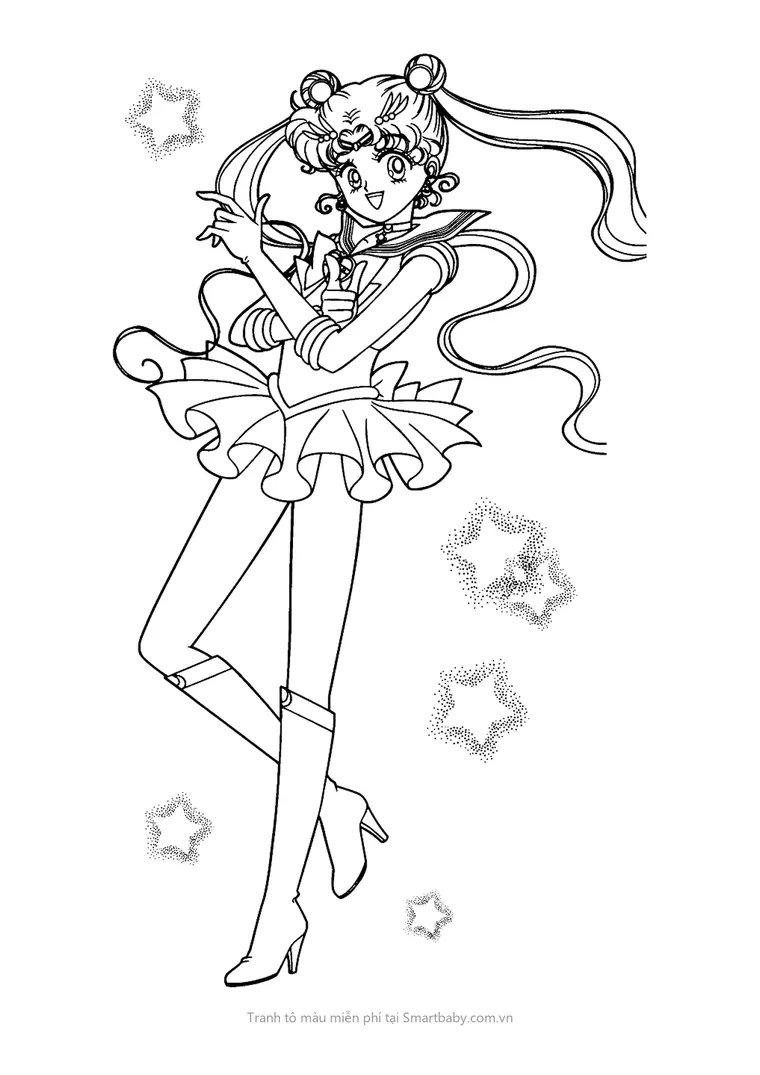 Tranh tô màu Thủy thủ mặt trăng – Super Sailor Moon tạo dáng giữa những ngôi sao