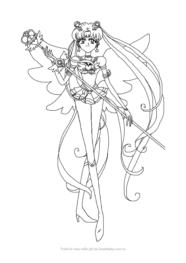 Tranh tô màu Thủy thủ mặt trăng – Eternal Sailor Moon giơ gậy phép, đôi cánh lớn