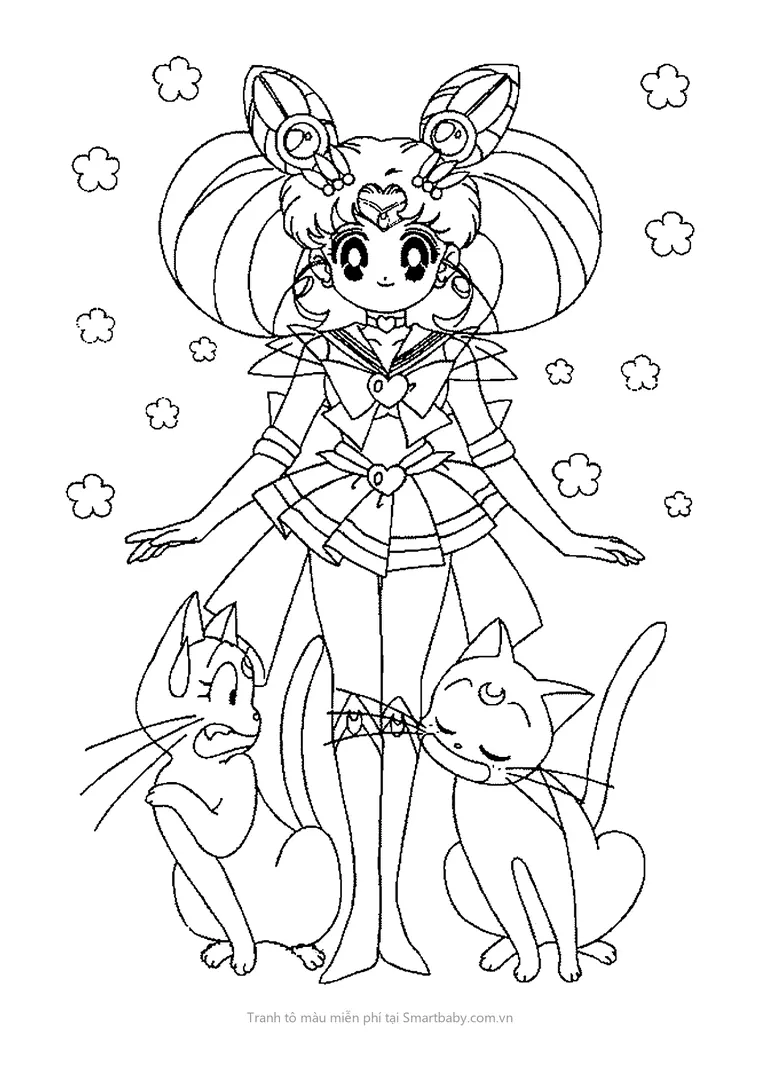 Tranh tô màu Thủy thủ mặt trăng – Chibi Moon đứng giữa hai chú mèo