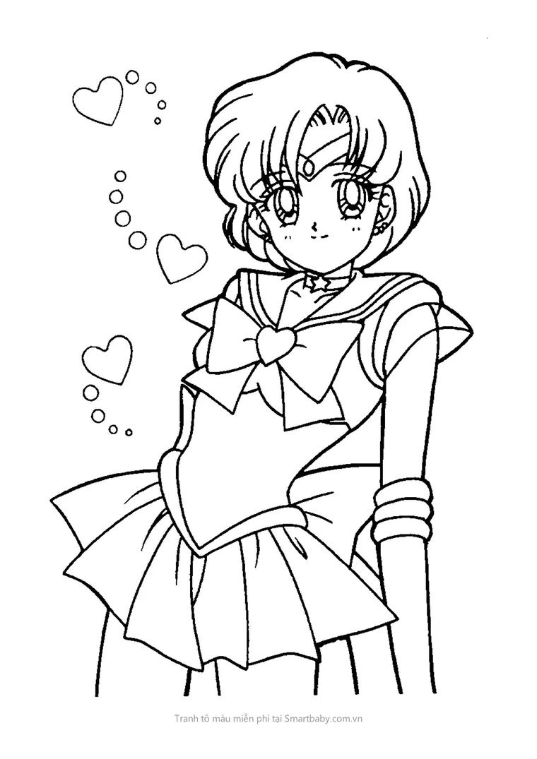 Tranh tô màu Thủy thủ mặt trăng – Sailor Mercury mỉm cười giữa trái tim