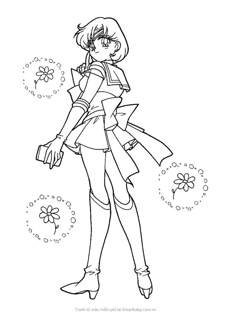Tranh tô màu Thủy thủ mặt trăng – Sailor Mercury ngoảnh lại cầm máy tính nhỏ