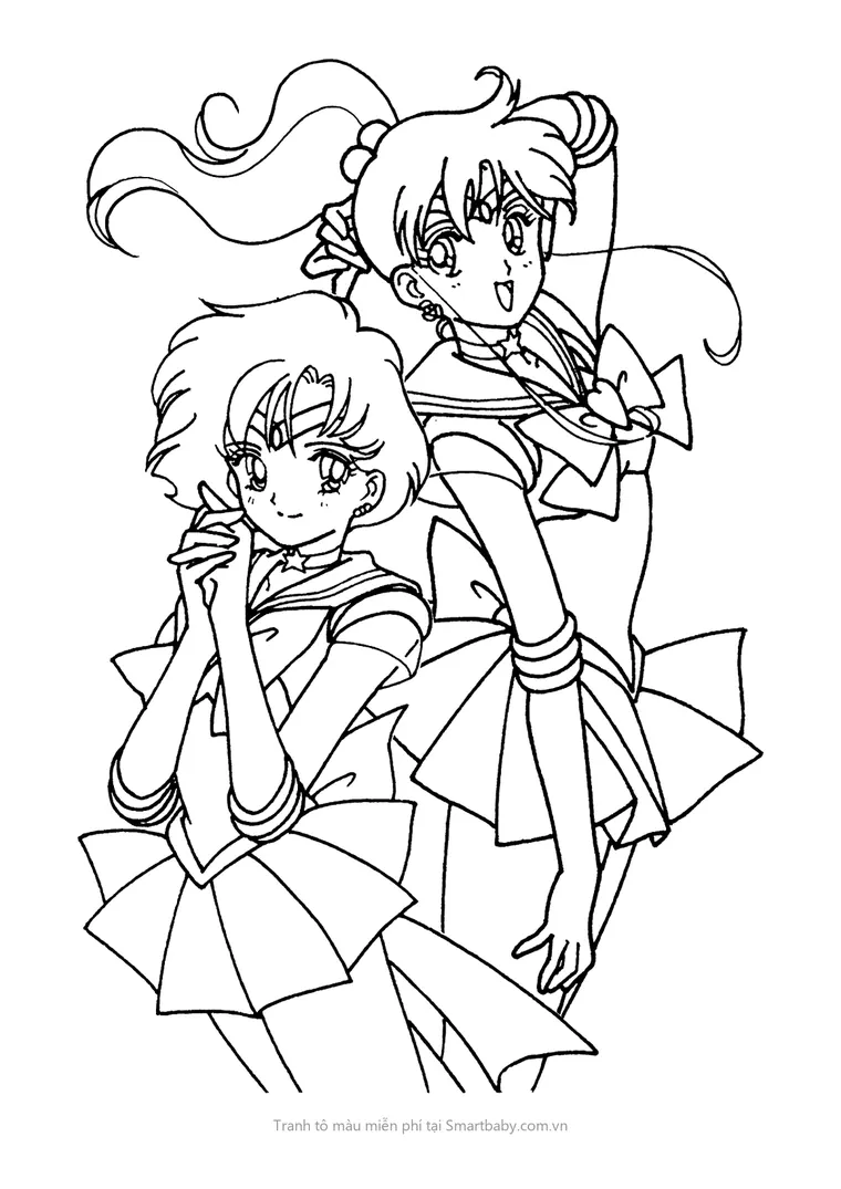 Tranh tô màu Thủy thủ mặt trăng – Sailor Mercury và Sailor Jupiter đứng cạnh nhau