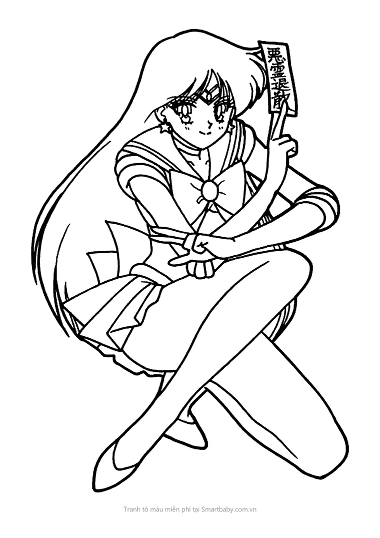 Tranh tô màu Thủy thủ mặt trăng – Sailor Mars ngồi cầm lá bùa giấy