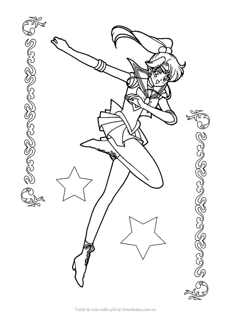 Tranh tô màu Thủy thủ mặt trăng – Sailor Jupiter tung cú đá giữa viền hoa văn
