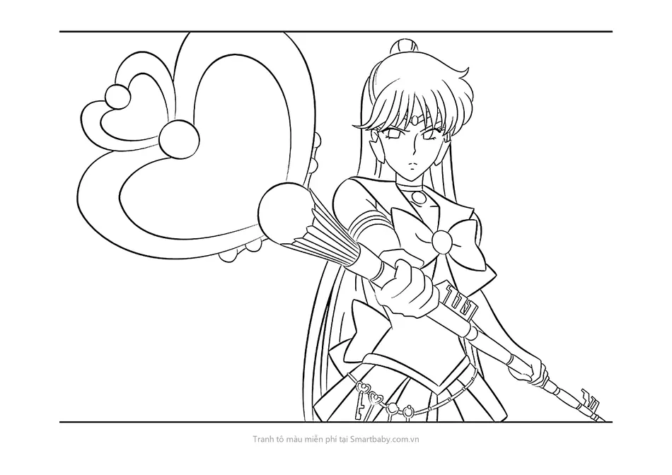 Tranh tô màu Thủy thủ mặt trăng – Sailor Pluto giơ trượng quả cầu trái tim