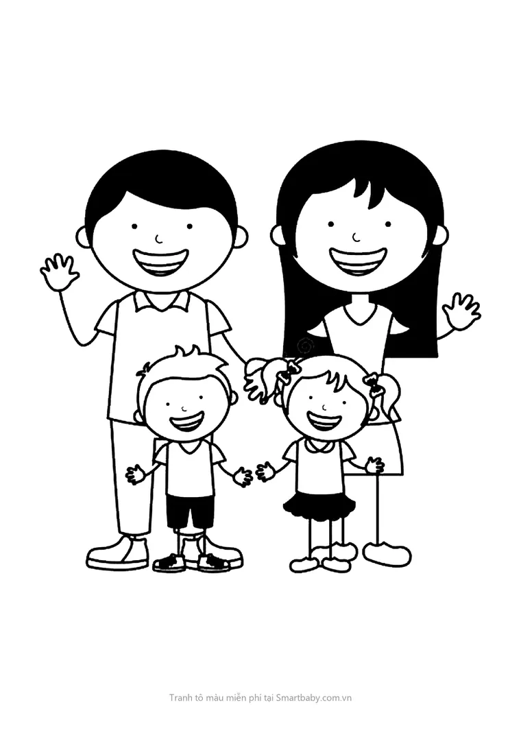 Tranh tô màu về gia đình – bố mẹ và hai anh em cười tươi