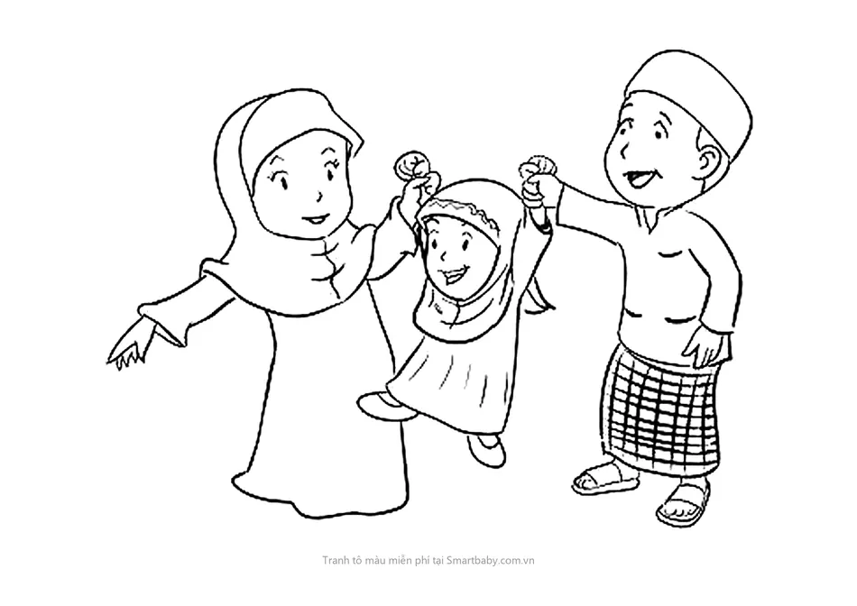 Tranh tô màu về gia đình – bố mẹ nắm tay đu bé gái