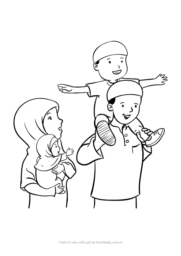 Tranh tô màu về gia đình – bố công kênh con trai, mẹ bế em
