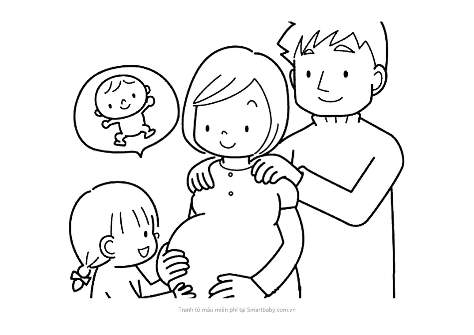 Tranh tô màu về gia đình – cả nhà chờ em bé chào đời