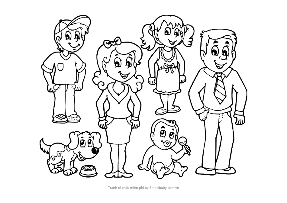 Tranh tô màu về gia đình – từng thành viên trong nhà và chú cún