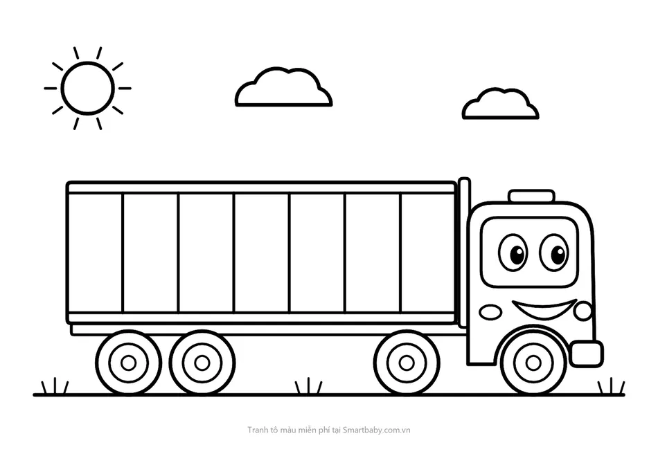 Tranh tô màu xe container – xe container hoạt hình mặt cười kéo thùng hàng