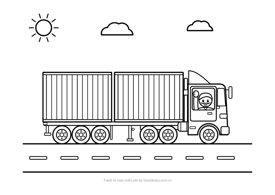 Tranh tô màu xe container – bác tài vẫy tay, xe chở hai thùng container