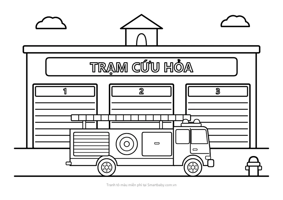 Tranh tô màu xe cứu hỏa – trạm cứu hỏa ba cửa cuốn, xe đỗ phía trước